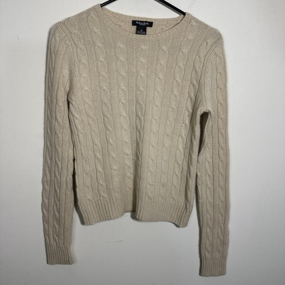 Madison Studio Cashmere Sweater Womens Medium Tan Cable Knit Crew Neck Pullover - Picture 1 of 4